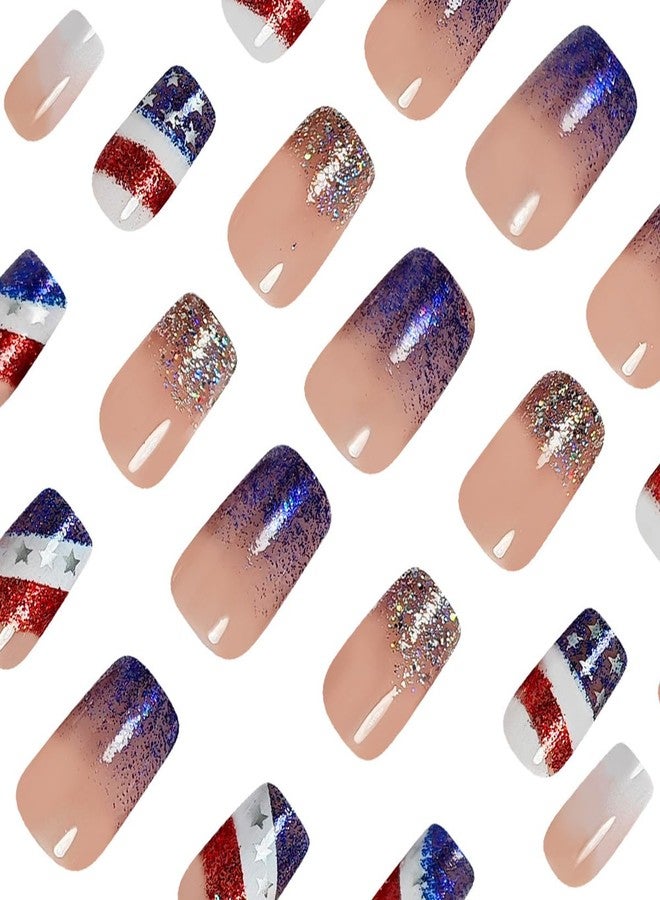 OSTTMA 4th of July Press on Nails Short Square Fake Nails Blue Glitter Patriotic Nail Tips USA Flag White Gradient Glue on Nails Reusable Acrylic False Nails for Women Independence Day Manicure Art - Image 2